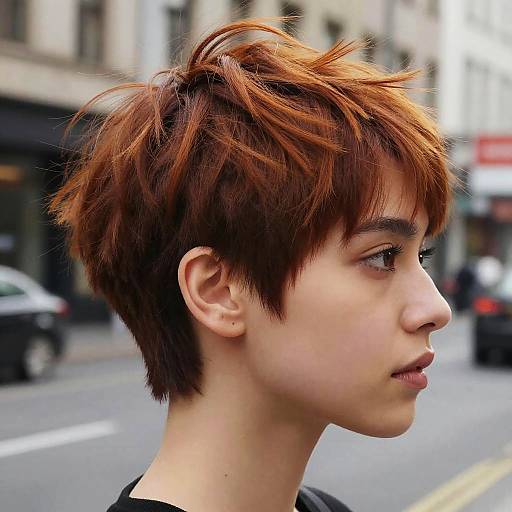 Photograph of a young person with short, tousled auburn hair, pale skin, and black shirt, looking to the right on a city