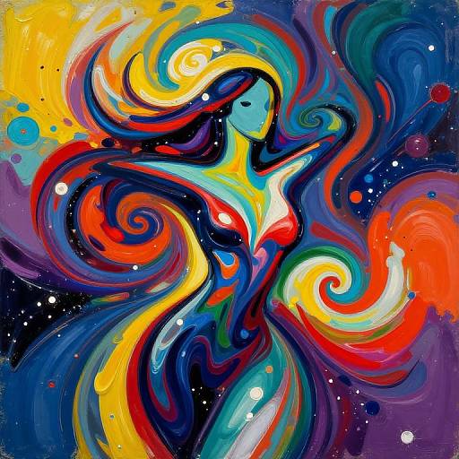 Vibrant abstract painting of a flowing woman with swirling multicolored hair, red dress, and cosmic background, blending blues, yellows, and