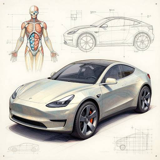 Digital illustration of a sleek, white sports car with red brake calipers, alongside a detailed human anatomy sketch and a car blueprint.