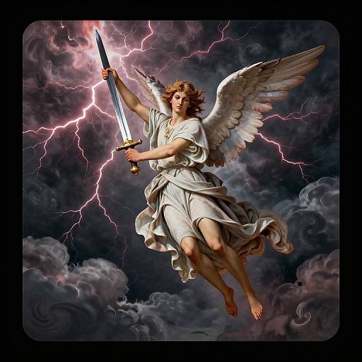 Digital painting of an angel with white wings, curly brown hair, and white toga, holding a glowing sword amidst purple lightning, floating among dark,