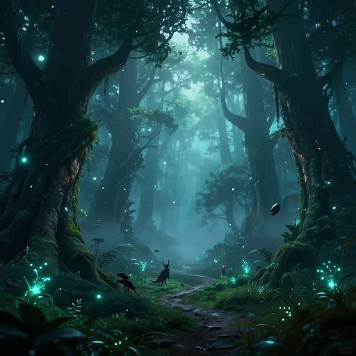 Digital fantasy artwork of a mystical forest at twilight, with glowing fireflies, a silhouetted fox-like creature, and towering trees enveloped in