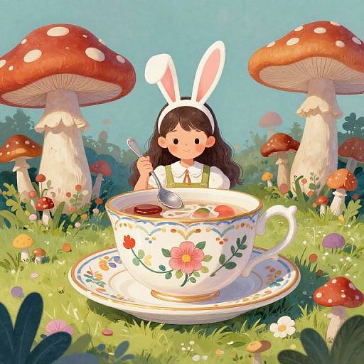 Digital illustration of a young girl with bunny ears, sipping tea from a flower-patterned cup in a whimsical forest with giant red mushrooms and colorful