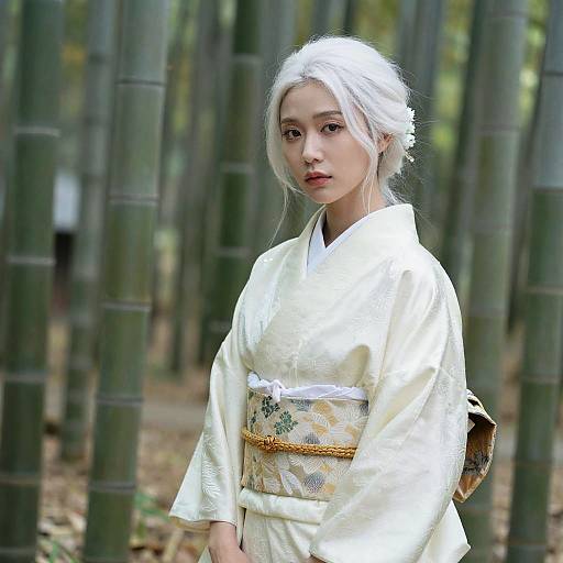 White-Haired Asian Woman in Kimono