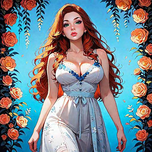 Redhead Woman in Floral Sundress with Roses