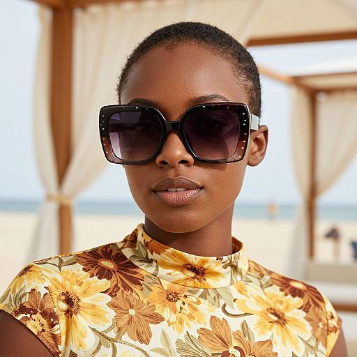 Photograph of a young Black woman with short curly hair, wearing large black sunglasses and a yellow floral shirt, standing indoors with beach scenery and wooden frames