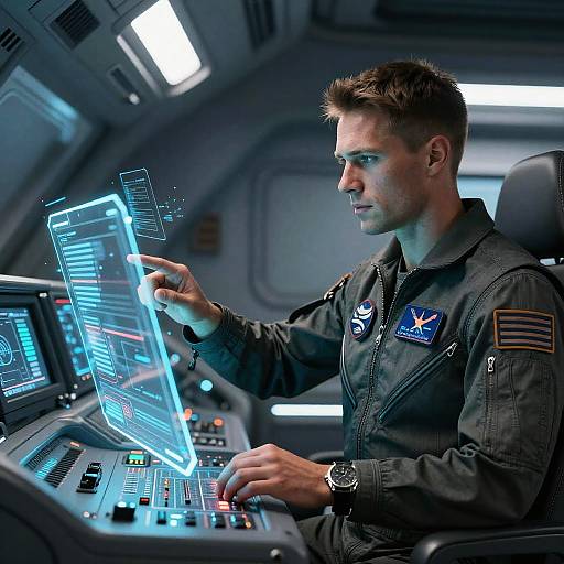 Photograph of a focused, Caucasian male astronaut in a dark flight suit, interacting with glowing, holographic flight control interfaces in a futuristic cockpit.
