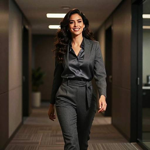 Confident Latina Woman in Grey Pantsuit Walking in Office