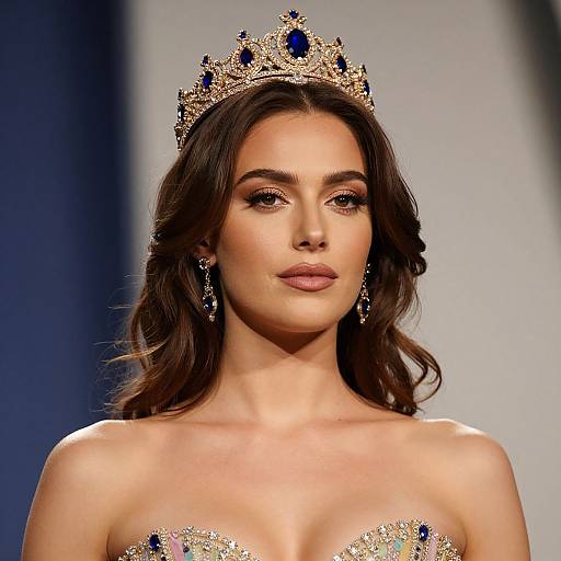 Photograph of a beautiful brunette woman with wavy hair, wearing an ornate gold and blue tiara, strapless gown, and dangling earrings,