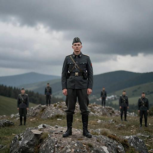 German Soldier on Rocky Hill under Cloudy Sky