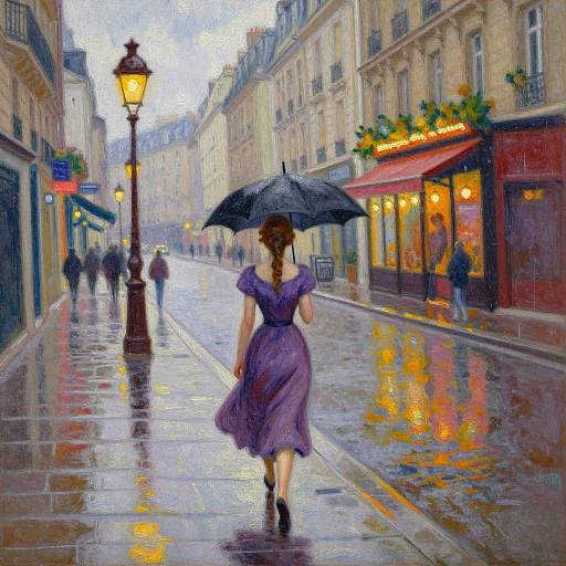 Impressionist painting of a rainy Paris street, showing a woman in a purple dress holding a black umbrella walking away.