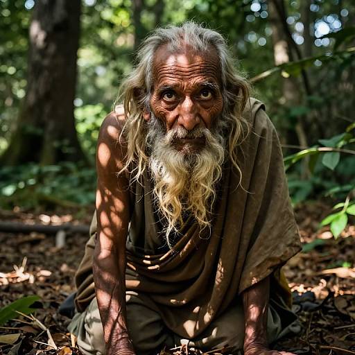Photograph of an elderly, weathered Indian man with long white beard and hair, wearing tattered brown clothes, kneeling in a sunlit forest with