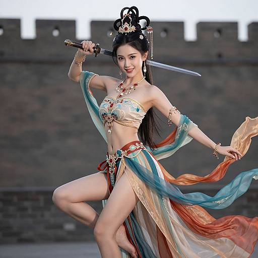 Digital artwork of an Asian warrior woman with black hair in an updo, wearing a colorful, flowing outfit, holding a sword, in front of a