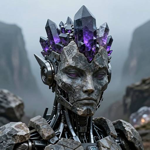 Photorealistic CGI of a cybernetic, stone-faced humanoid with glowing purple crystals on their head, set against a misty mountainous background.