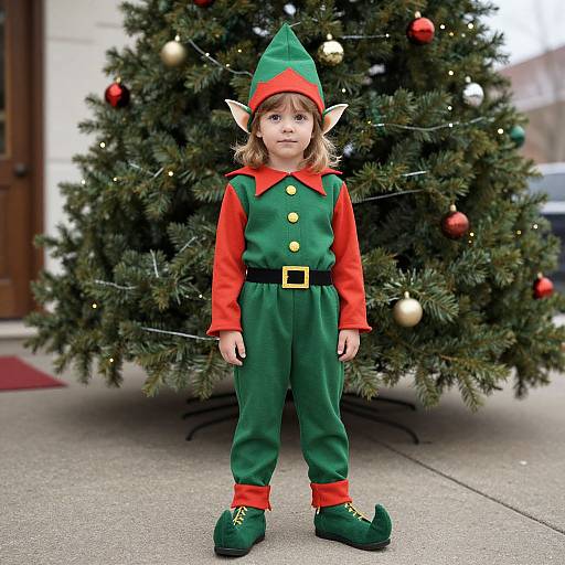Photograph of a young child with curly brown hair, dressed as an elf in green and red outfit, standing in front of a decorated Christmas tree.
