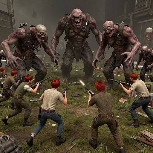 Digital CGI: Five muscular, bald, zombie-like creatures with fangs and harnesses face four armed, red-haired men in a ruined, grassy