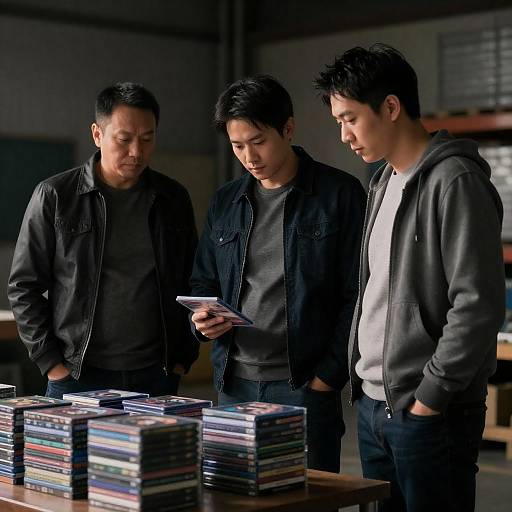 Three Men in a Warehouse at Night