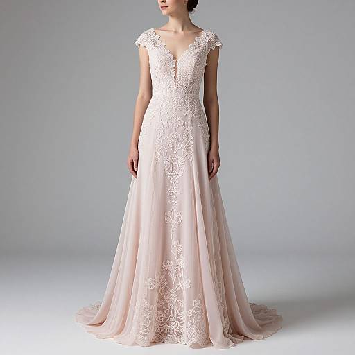 Photograph of a woman in a floor-length, pale pink, lace-embellished, V-neck wedding dress with short sleeves, standing against a