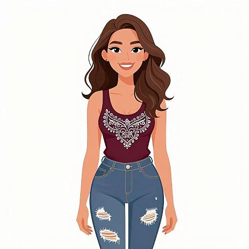 Digital illustration of a smiling young woman with long brown hair, wearing a black tank top with white floral design and ripped blue jeans, standing against a white