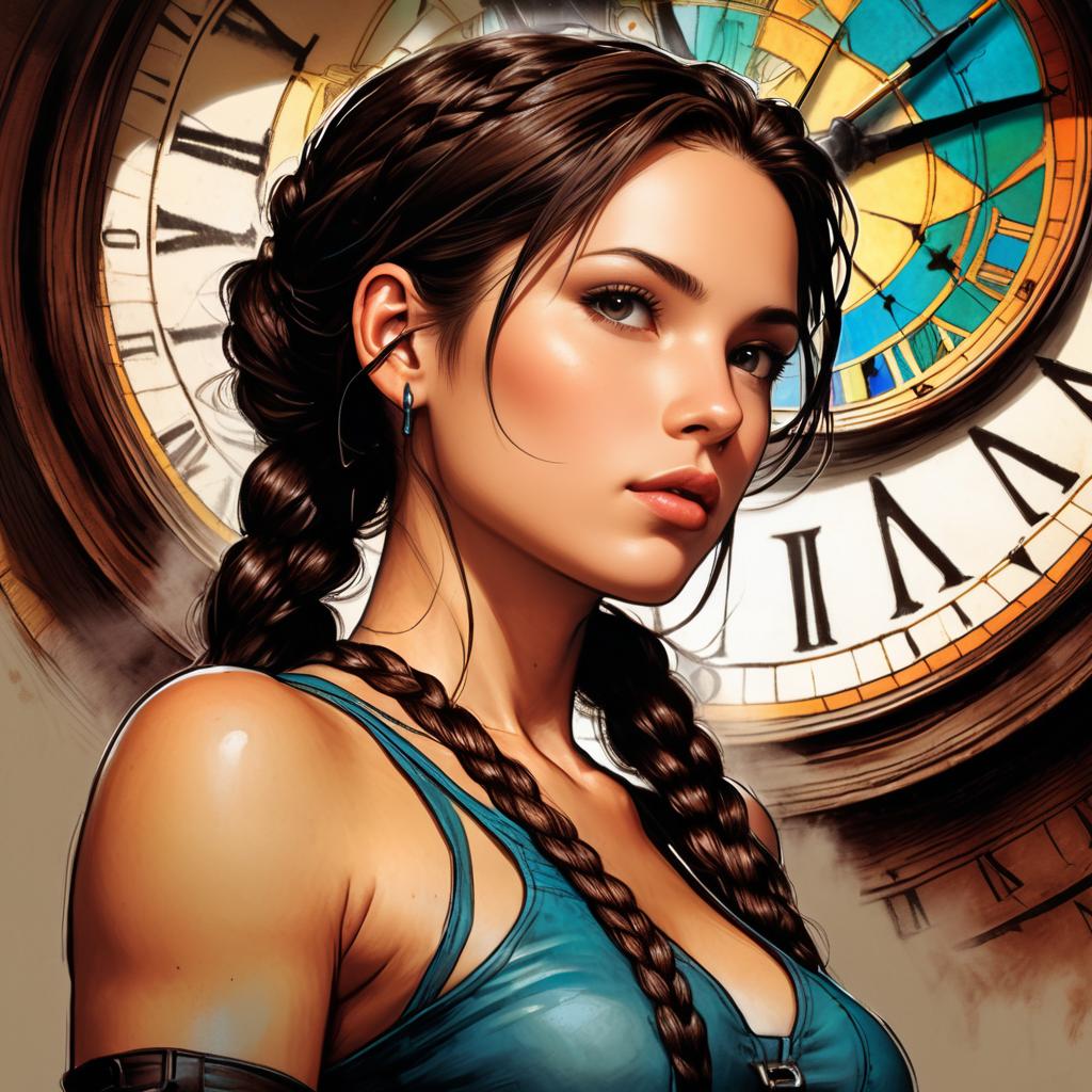 Lara Croft in a Clock-Filled Room