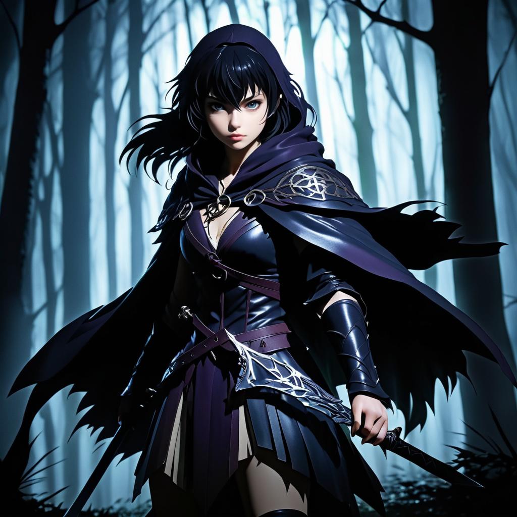 Fierce Huntress in a Shadowy Forest