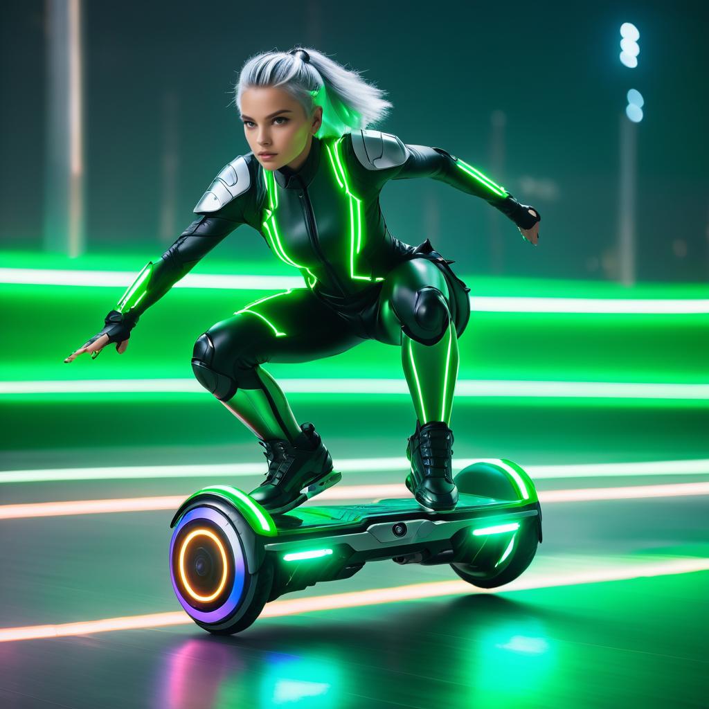 Cinematic Cybernetic Warrior on Hoverboard