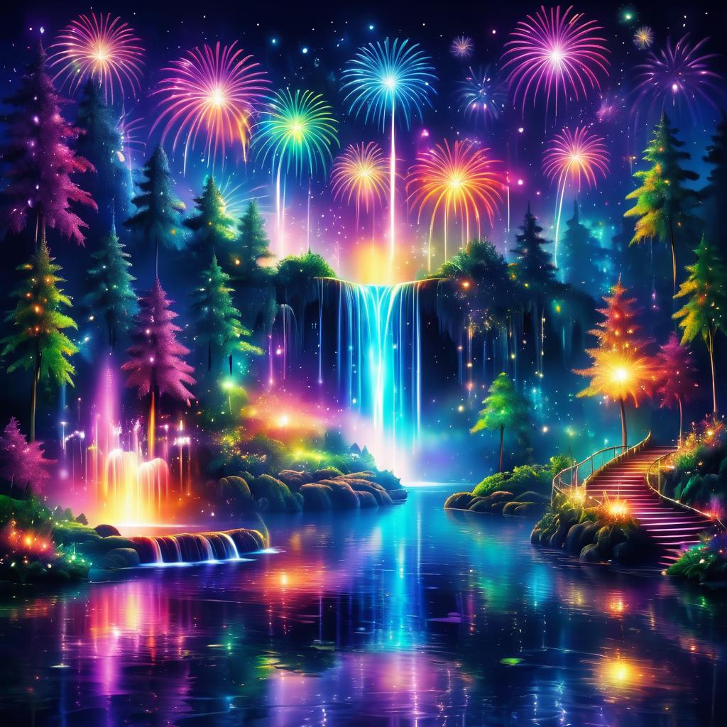 Magical Nighttime Waterfall with Fireworks