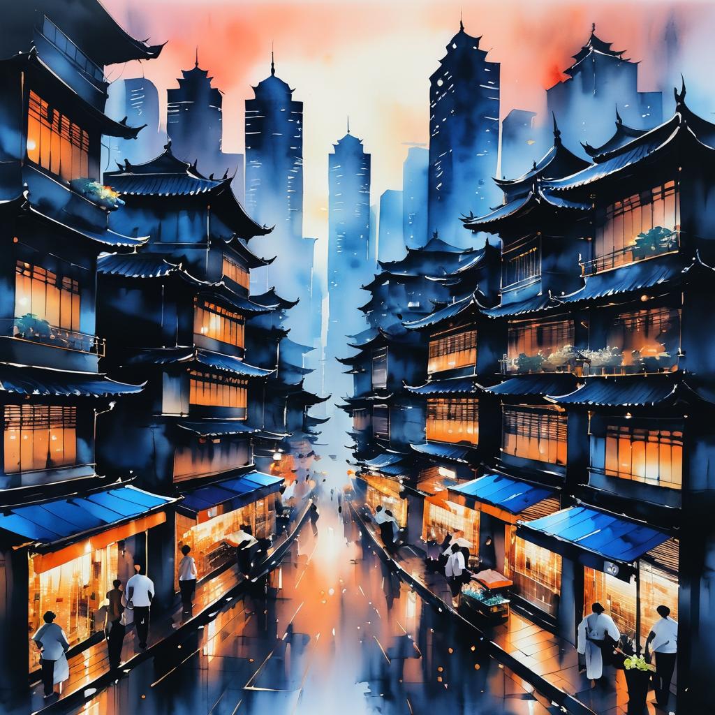 Ink Painting of a Bustling Dusk Cityscape