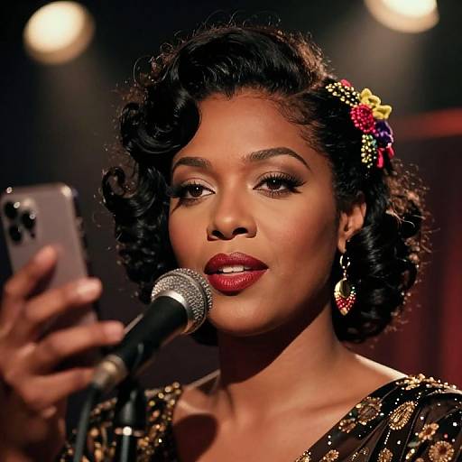 Photograph of a dark-skinned woman with curly black hair, red lipstick, and sparkly earrings, singing into a microphone while holding a smartphone.