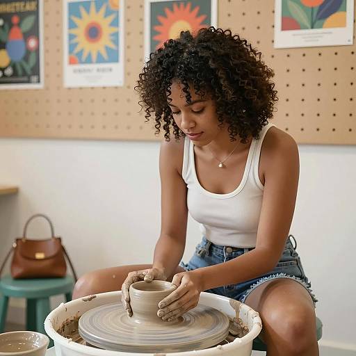 Artistic Curly-Haired Woman at Pottery Wheel