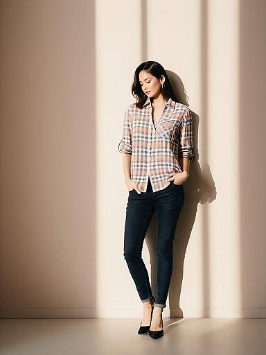 Asian Woman in Casual Plaid Shirt and Black Skinny Jeans