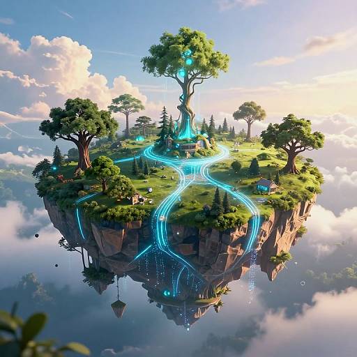 Fantastical floating island with glowing blue roads, lush green trees, small houses, and ethereal lights in a cloudy sky. Digital art.