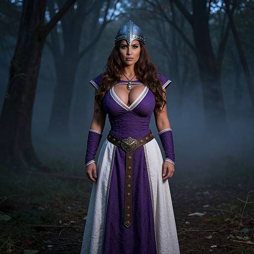 Photograph of a strong, dark-haired woman in a medieval-style purple and white dress, silver helmet, and belt, standing in a misty forest