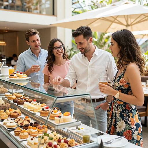 Photograph of four smiling friends, two men and two women, viewing a diverse display of pastries and desserts in a bright, outdoor café.