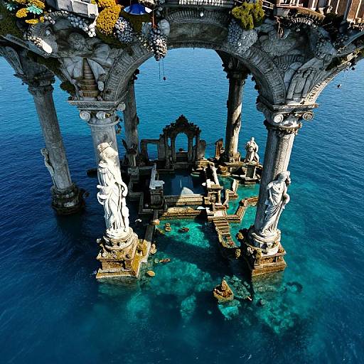 Aerial photograph of ancient ruins submerged in clear blue water, surrounded by ornate, weathered stone arches with white statues.
