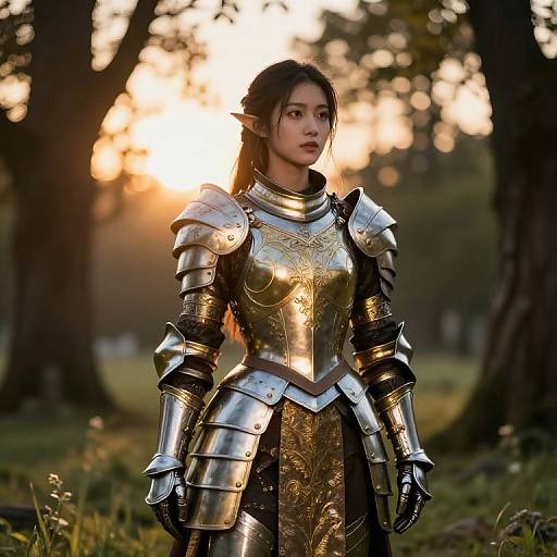 Photorealistic CGI of an elf woman with pointed ears, wearing ornate gold and silver armor, standing in a sunlit forest.