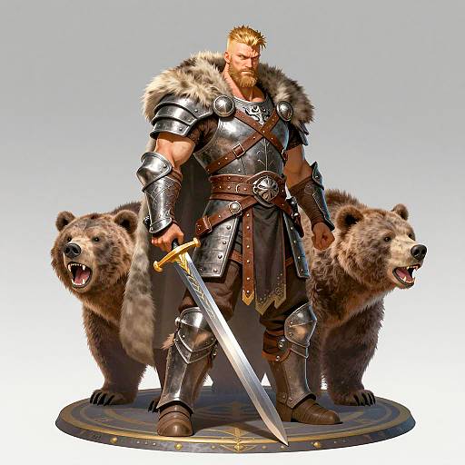 Muscular Warrior and Growling Bear Illustration