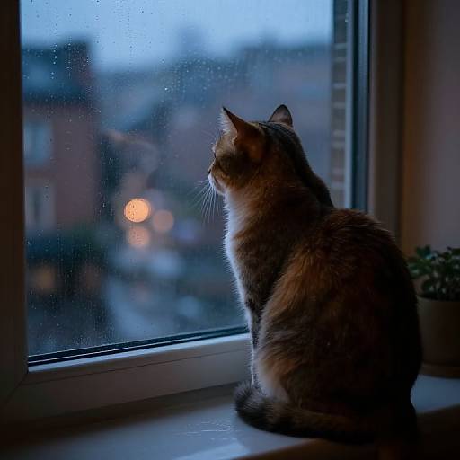 Photograph of a tabby cat sitting on a windowsill, gazing out at a rainy, blue-lit evening cityscape with blurred lights and