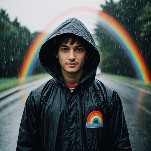 Young Man in Raincoat with Rainbow Patch