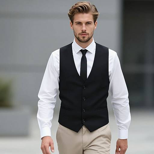 Photograph of a handsome, young Caucasian man with styled brown hair, light beard, wearing a white shirt, black vest, black tie, and beige