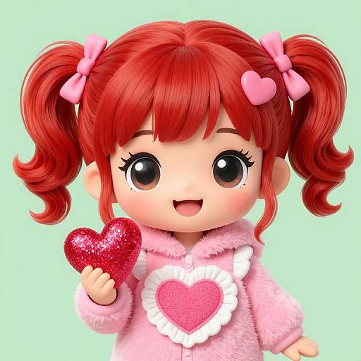 Cute anime-style digital drawing of a girl with red pigtails, pink bows, holding a glittery pink heart, wearing a pink heart-pattern