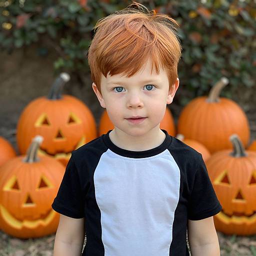 Photograph of a young boy with red hair, blue eyes, wearing a black and white shirt, standing in front of carved pumpkins.