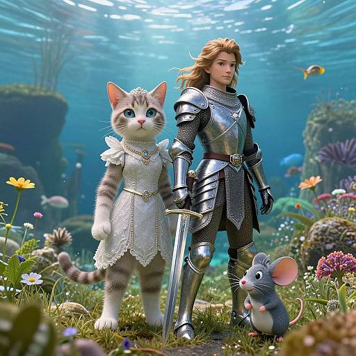 Digital art: Blonde knight in silver armor with sword stands beside armored gray cat in white dress, beside a mouse, underwater fantasy garden.