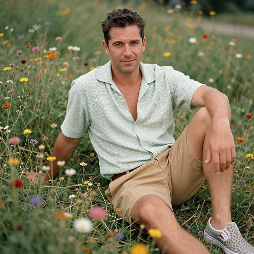 Photograph of a relaxed, attractive man with short dark hair, wearing a light green checkered shirt and beige shorts, sitting in a colorful meadow