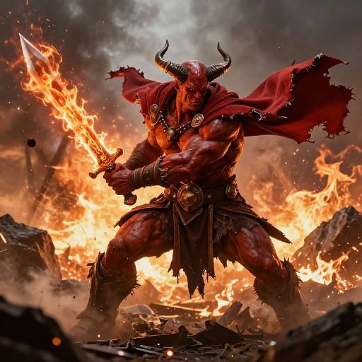 Digital artwork of a muscular, red-skinned demon with horns, wielding a flaming sword, standing amidst a fiery, rocky battlefield.