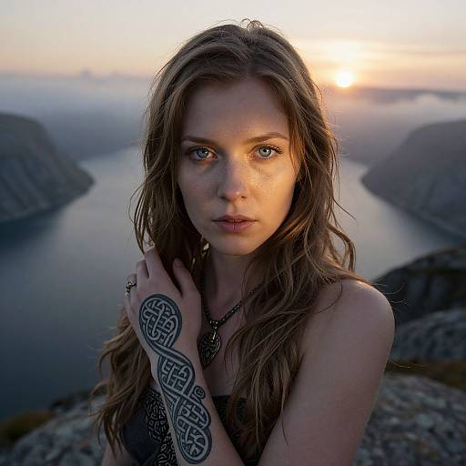 Photograph of a fair-skinned woman with long, wavy brown hair, blue eyes, and intricate tattoo on her right hand, gazing int