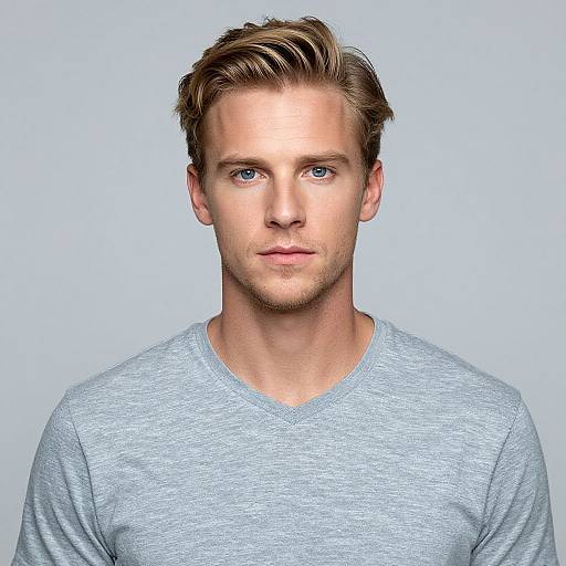 Photograph of a handsome, blue-eyed, light-skinned man with short, sandy blonde hair, wearing a light gray V-neck shirt, against a
