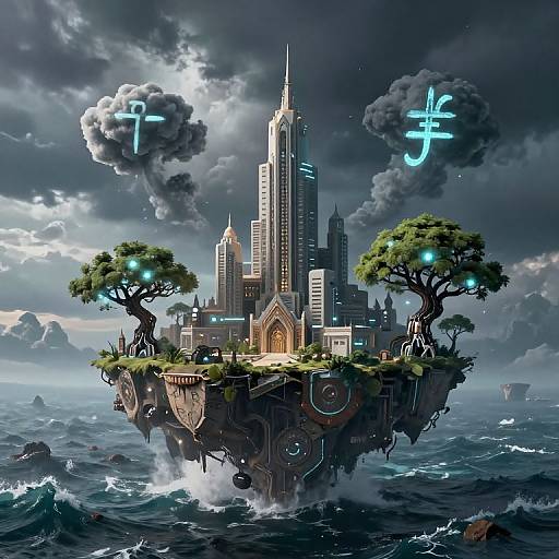 Digital artwork: futuristic floating city with towering skyscrapers, glowing trees, and floating currency symbols in a stormy, oceanic sky.