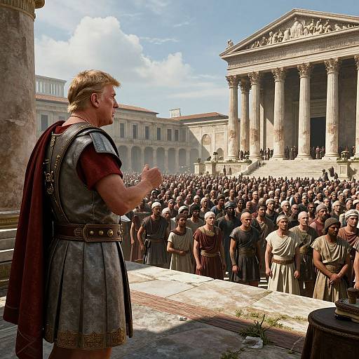Photograph of a muscular, blond gladiator in Roman armor, speaking to a large crowd in front of a grand, ancient Greek-style temple. Bright
