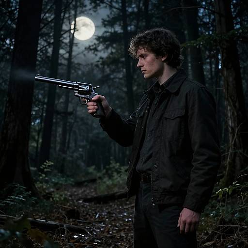 Photograph of a serious, curly-haired man in black clothing, holding a silver revolver, standing in a dark, moonlit forest.