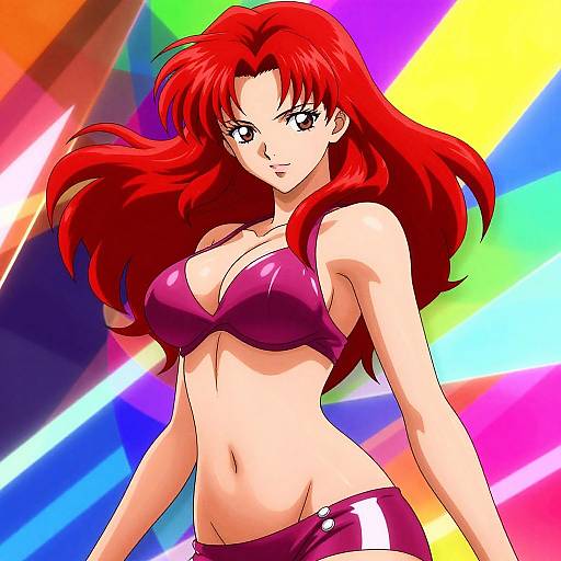 Digital anime-style illustration of a red-haired woman with large breasts, wearing a purple bra and matching shorts, against a vibrant rainbow background.